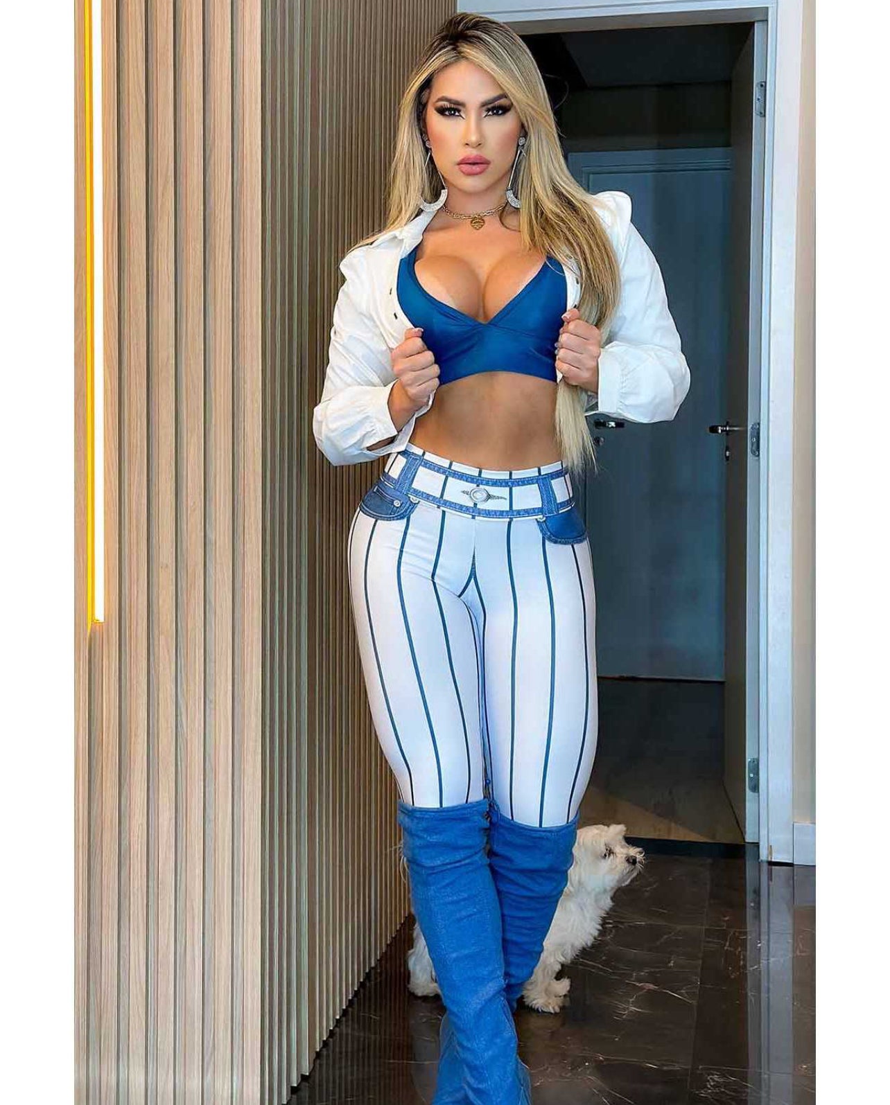 STRIPS WHITE BLUE FAKE JEANS LEGGINGS