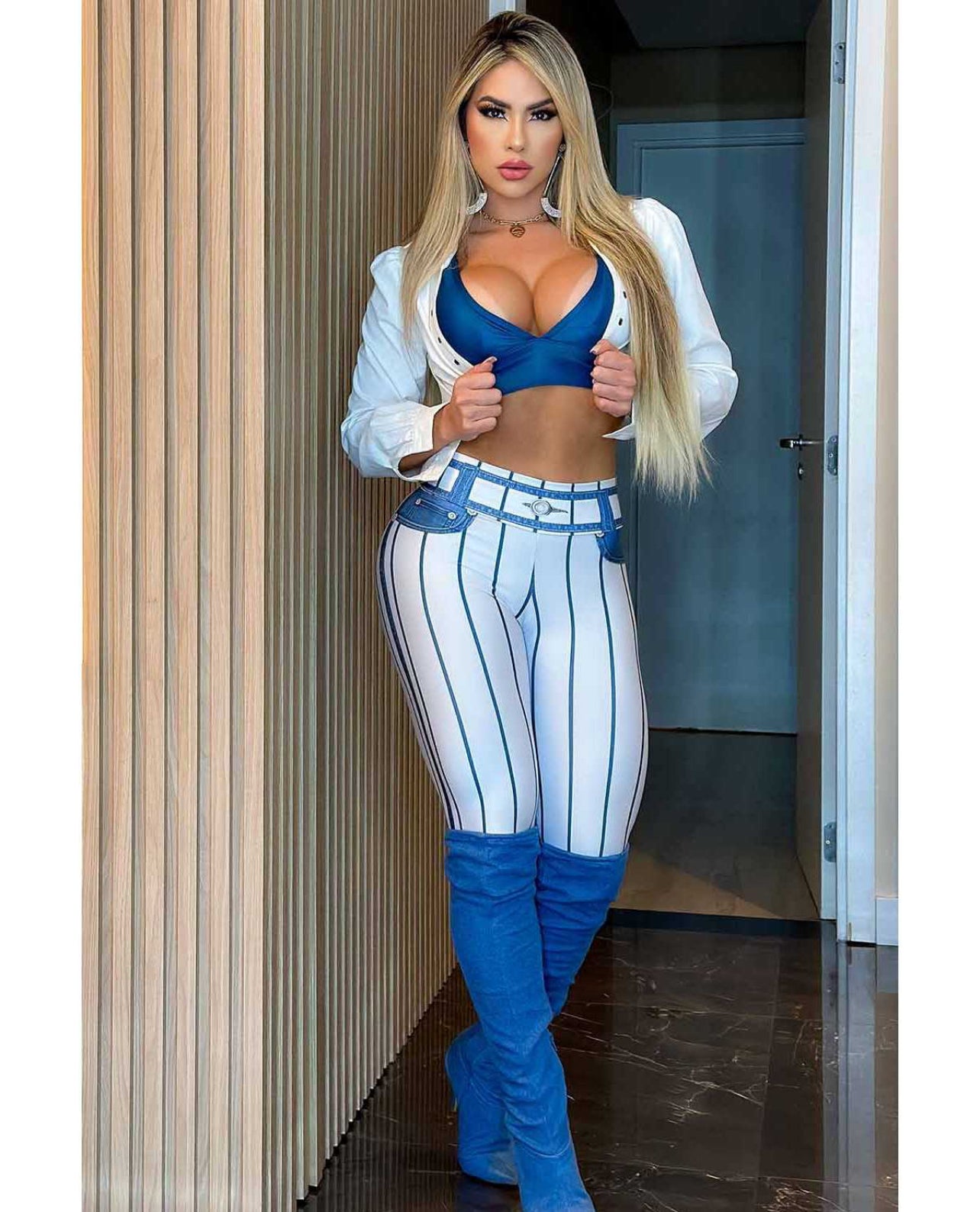 STRIPS WHITE BLUE FAKE JEANS LEGGINGS