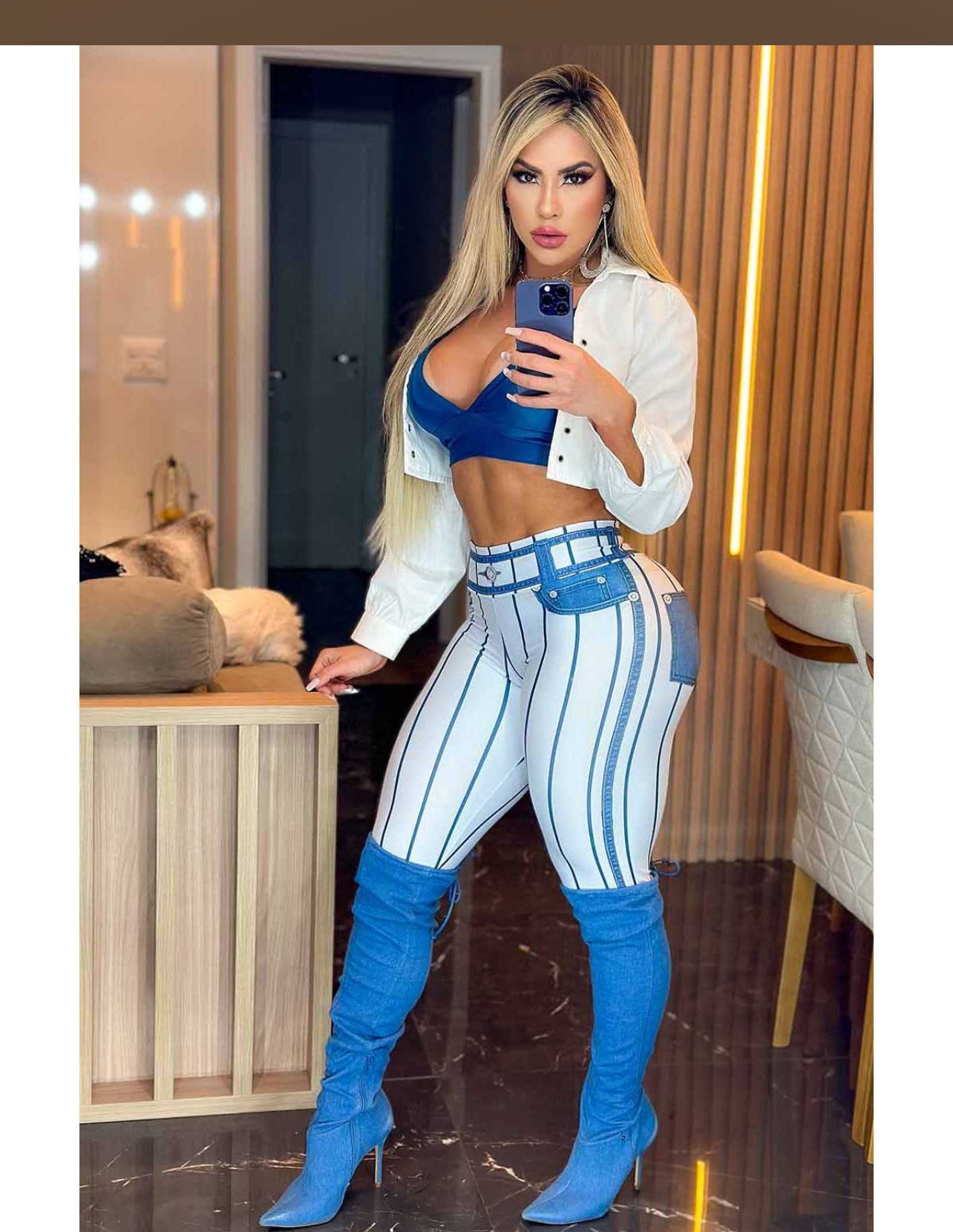 STRIPS WHITE BLUE FAKE JEANS LEGGINGS