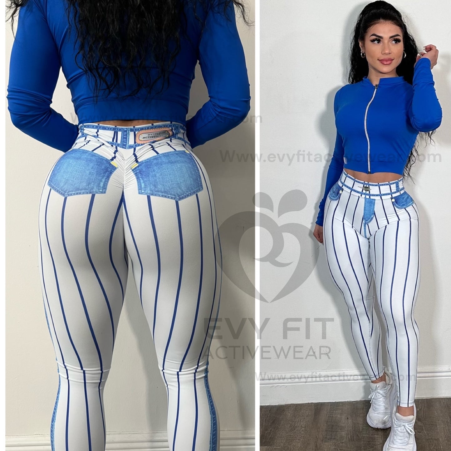 STRIPS WHITE BLUE FAKE JEANS LEGGINGS