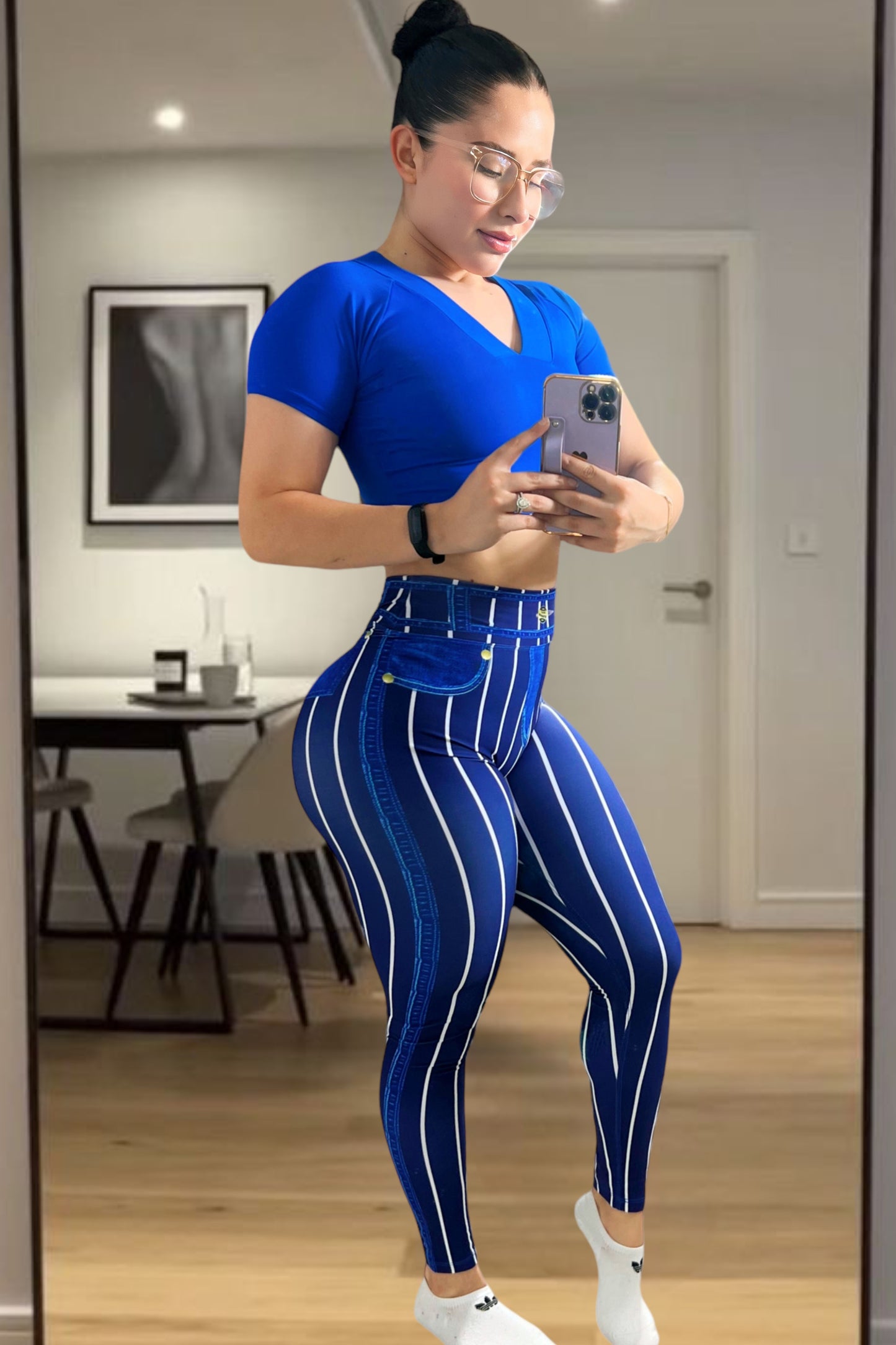 STRIPS BLUE FAKE JEANS LEGGINGS