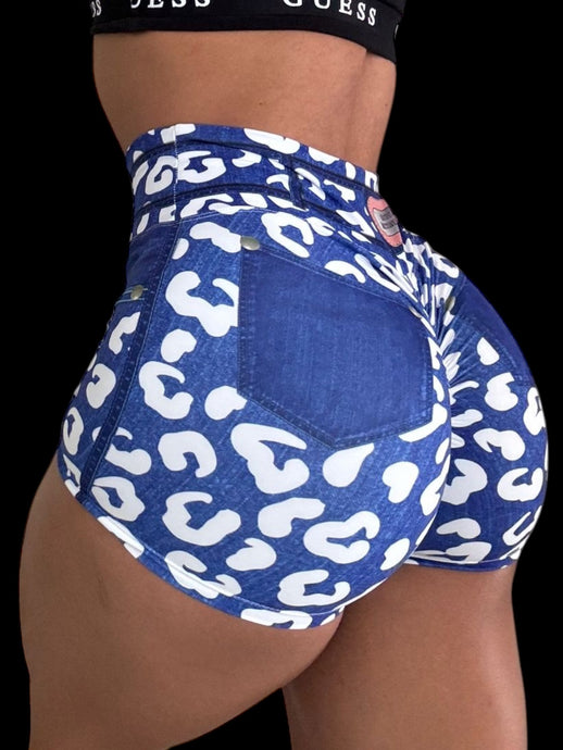 Blue leopard FAKE JEANS SHORTS