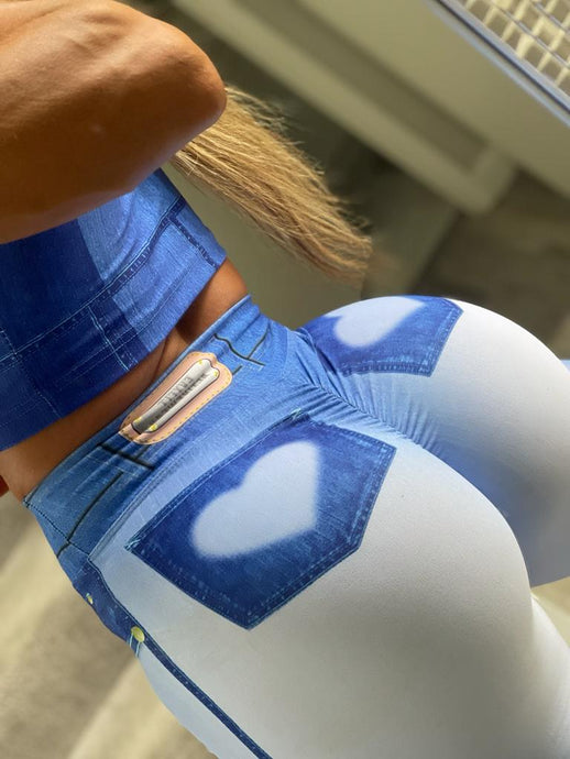 HEART BLUE FAKE JEANS LEGGINGS