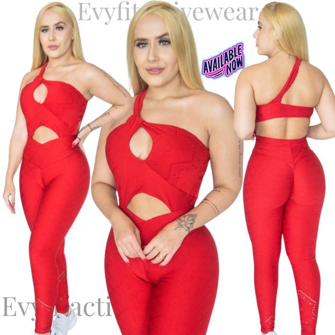 ONE SHOULDER RED JUMPSUIT