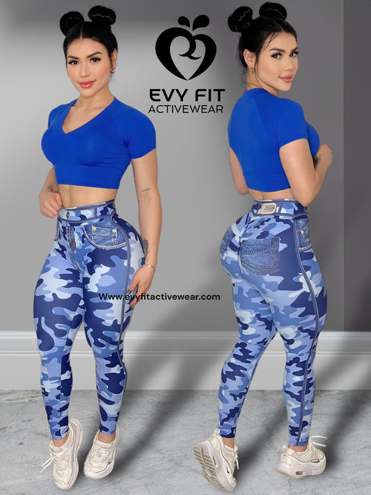 CAMO BLUE FAKE JEANS LEGGINGS